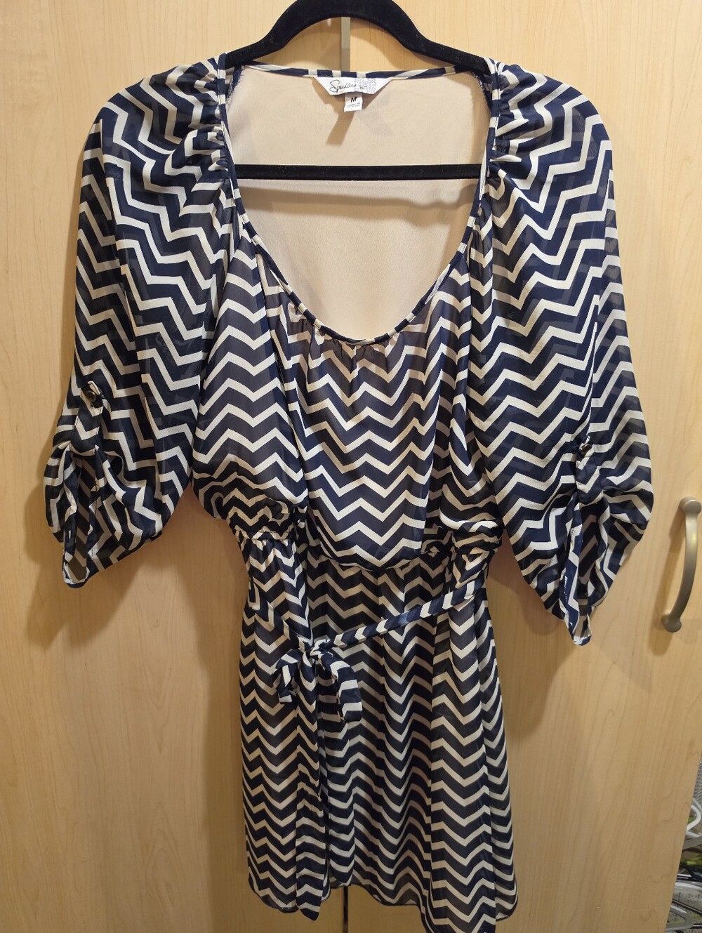 Speechless Navy and White Chevron Dress with Belt